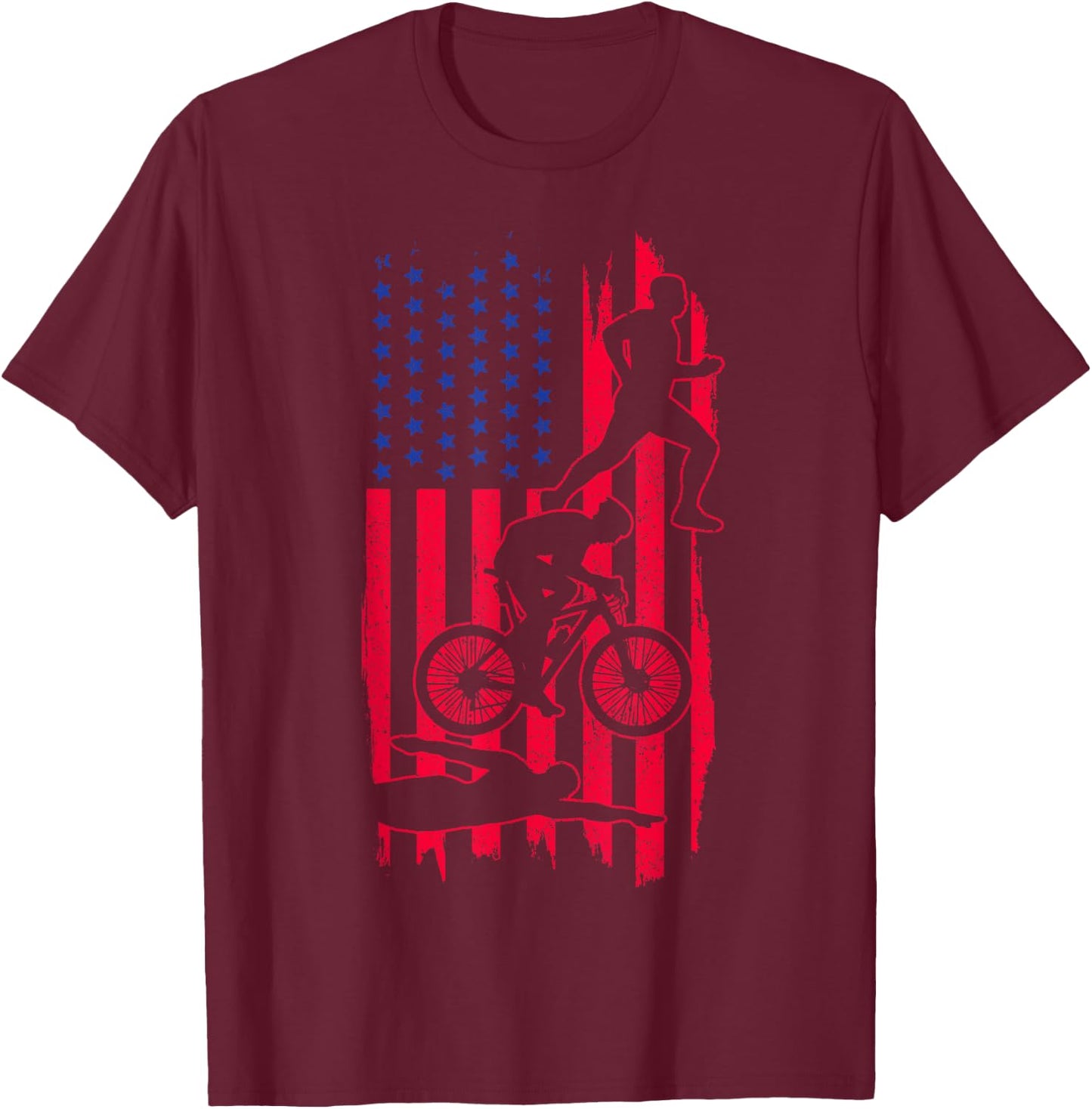 Triathlon US Flag Swim Bike Run Sport Patriotic Triathlete Women Men T-Shirt - T-Shirt | Maroon