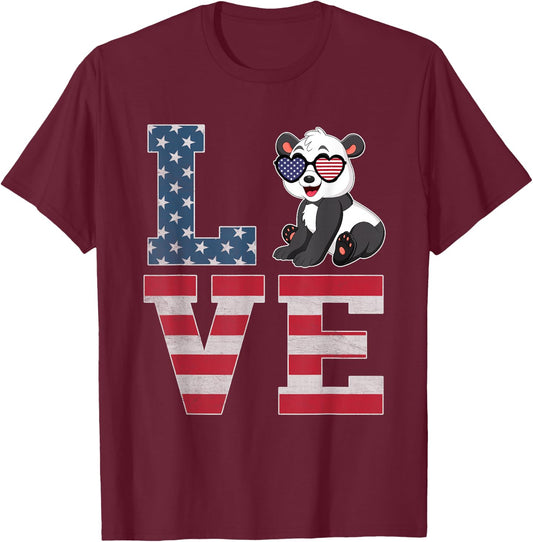 4th of July Decor Patriotic LOVE Panda American Flag T-Shirt - T-Shirt | Maroon