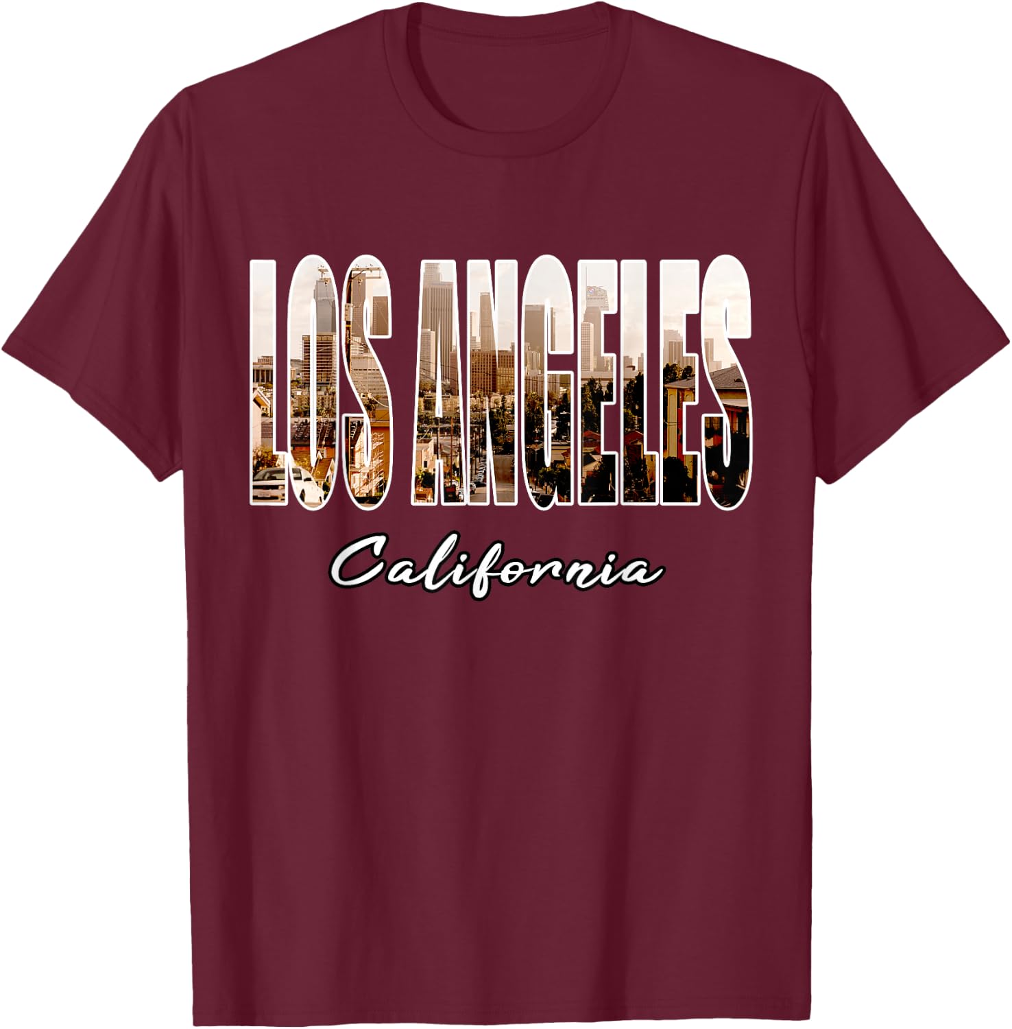Los Angeles California Font Skyline Urban Photography LA T-Shirt - T-Shirt | Maroon