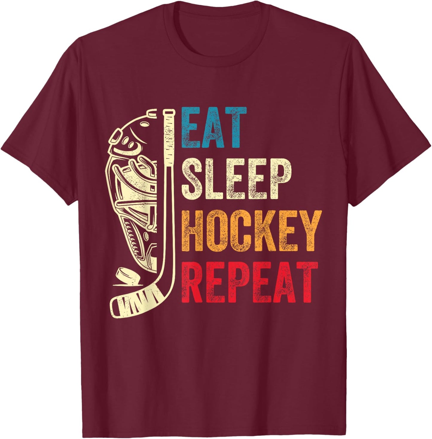 Eat Sleep Hockey Repeat Kids Adult Ice Hockey Retro Vintage T-Shirt - T-Shirt | Maroon