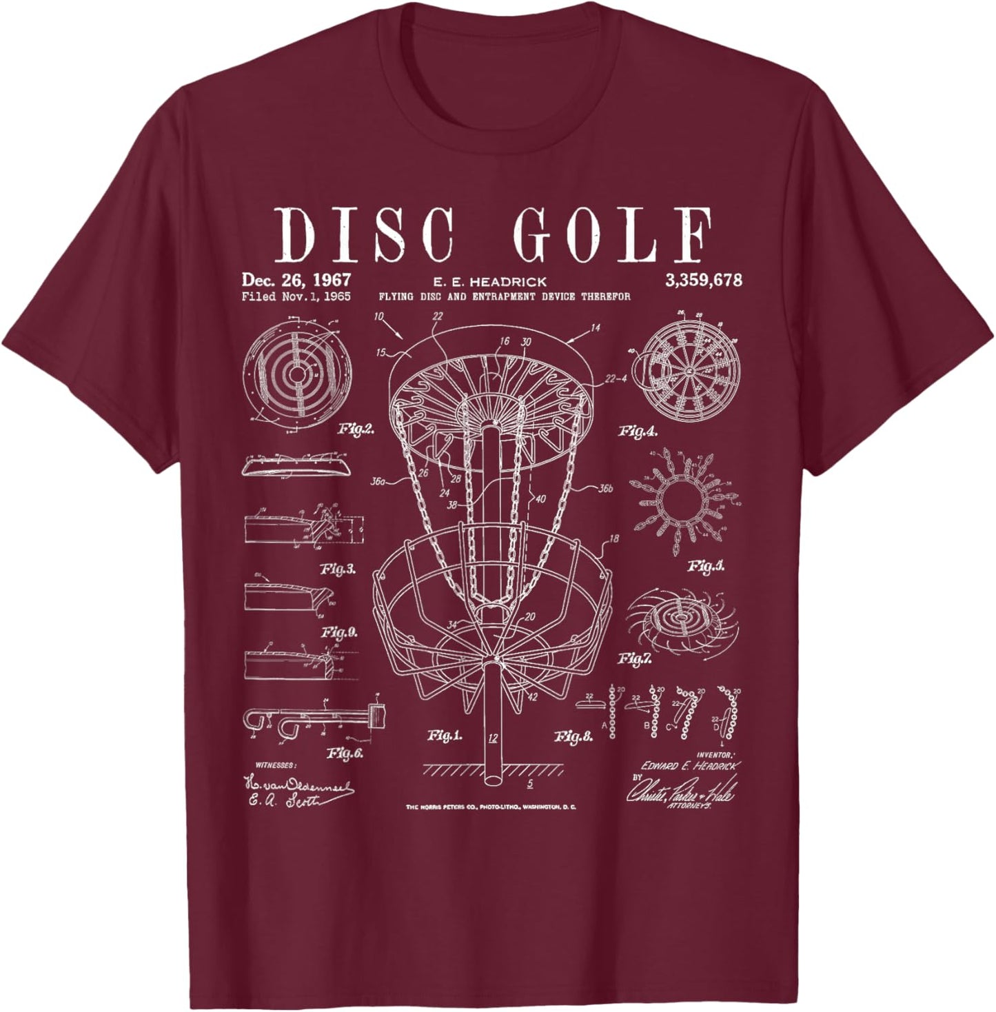 Disc Golf Frolf Frisbee Basket Vintage Patent Drawing Print T-Shirt - T-Shirt | Maroon