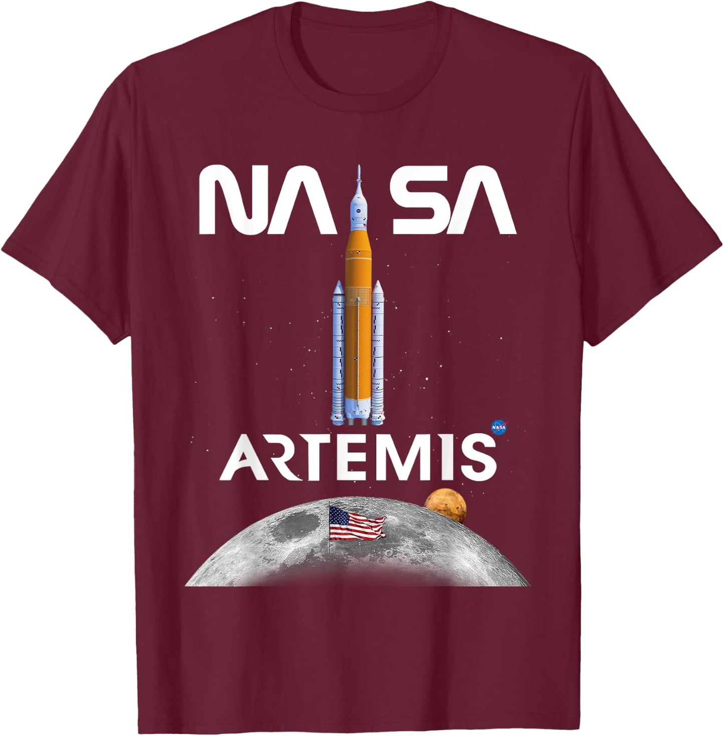 NASA Artemis Mission SLS Moon US Flag Worm Logo T-Shirt - T-Shirt | Maroon