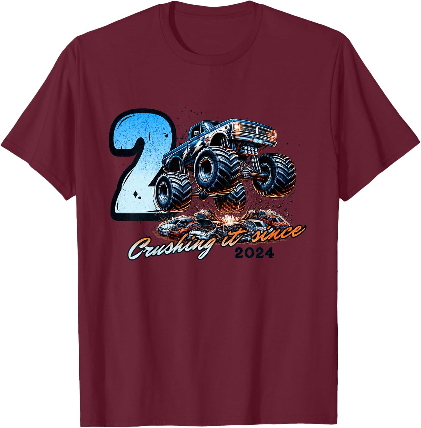Kids 2nd Birthday Truck Turning 2 Years Old Boy Born in 2024 T-Shirt - T-Shirt | Maroon