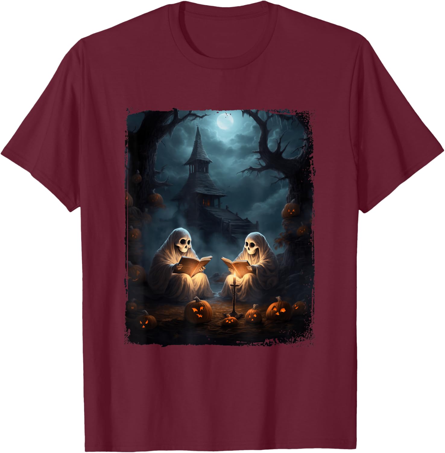 Vintage Boo Halloween Camping Reading Teacher Books Ghost T-Shirt - T-Shirt | Maroon