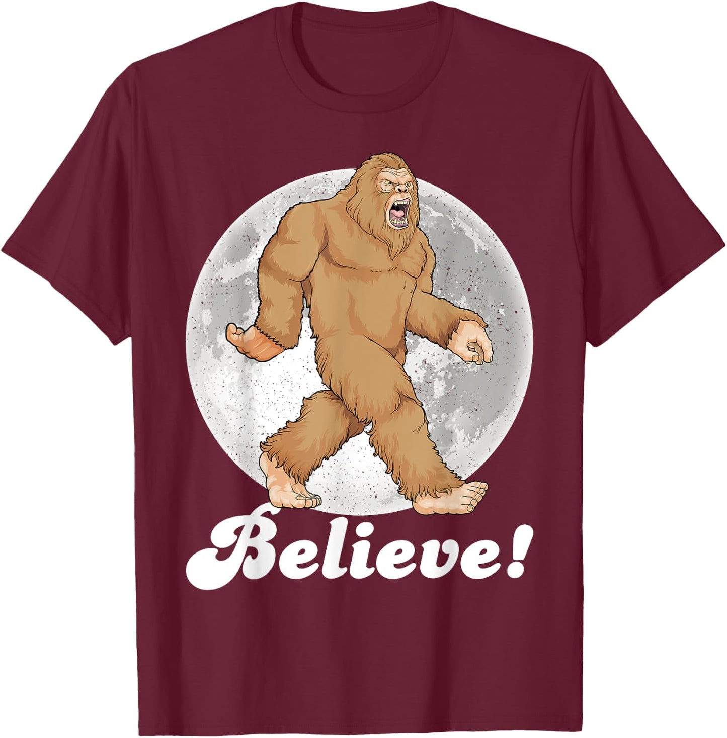 Bigfoot Night Stroll Sasquatch Retro Moon Bigfoot Believe T-Shirt - T-Shirt | Maroon