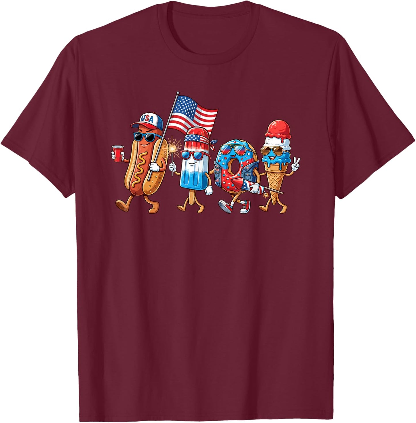 Cool Patriotic Food Characters 4th of July Cartoon Design T-Shirt - T-Shirt | Maroon