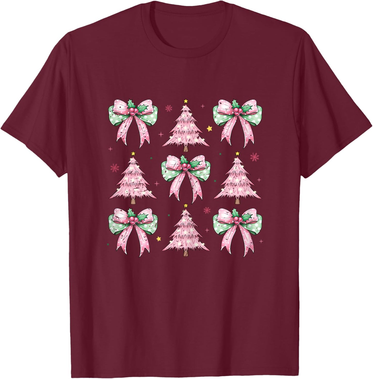 Coquette Pink Christmas Trees and Pink Bows Woman's Girl's T-Shirt - T-Shirt | Maroon