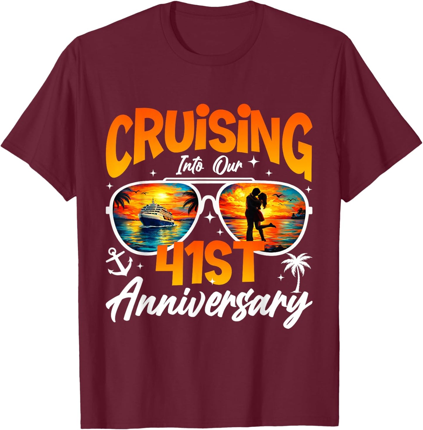 Vintage Cruising Into 41st Anniversary Cruise Sunset Couple T-Shirt - T-Shirt | Maroon