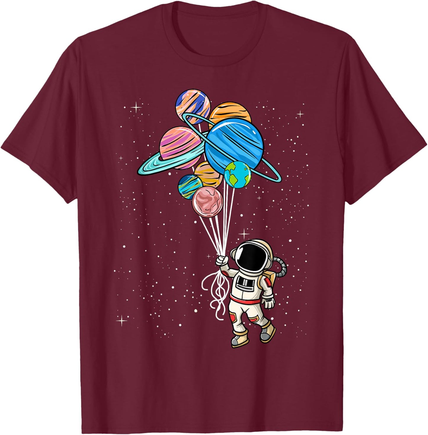 Astronaut Holding Planet Balloons BoysGirls STEM Kids T-Shirt - T-Shirt | Maroon