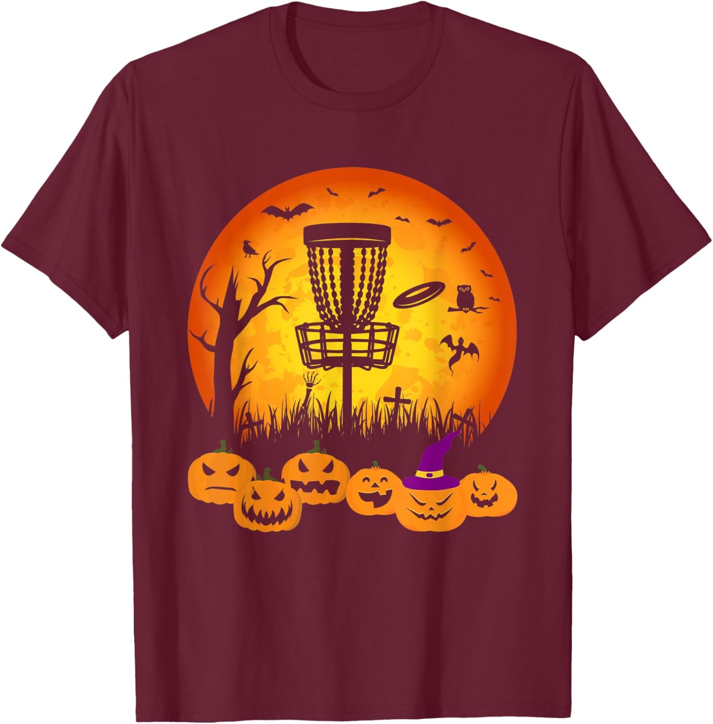 Retro Disc Golf Halloween Graveyard Scary Disc Golf Player T-Shirt - T-Shirt | Maroon