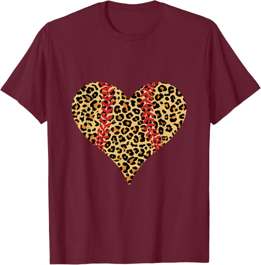 Baseball heart Leopard print softball Mom T-Shirt - T-Shirt | Maroon