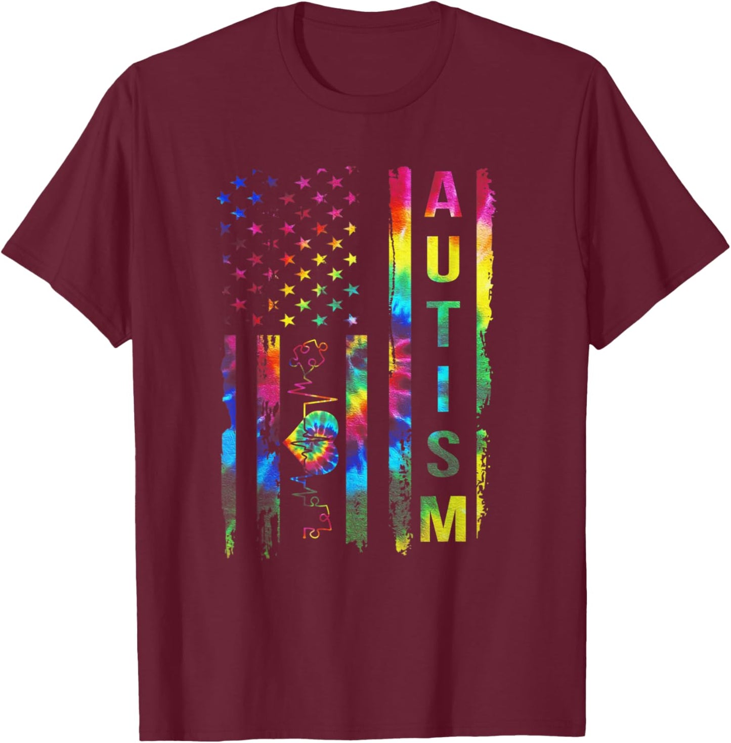 American Flag Autism Awareness Teacher Mom Support Tie Dye Men T-Shirt - T-Shirt | Maroon