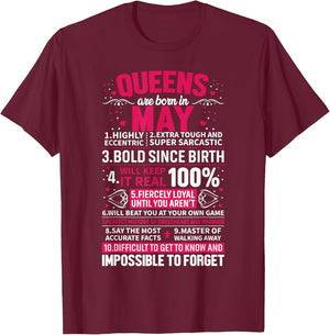 Queens Are Born in May T-Shirt - T-Shirt | Maroon