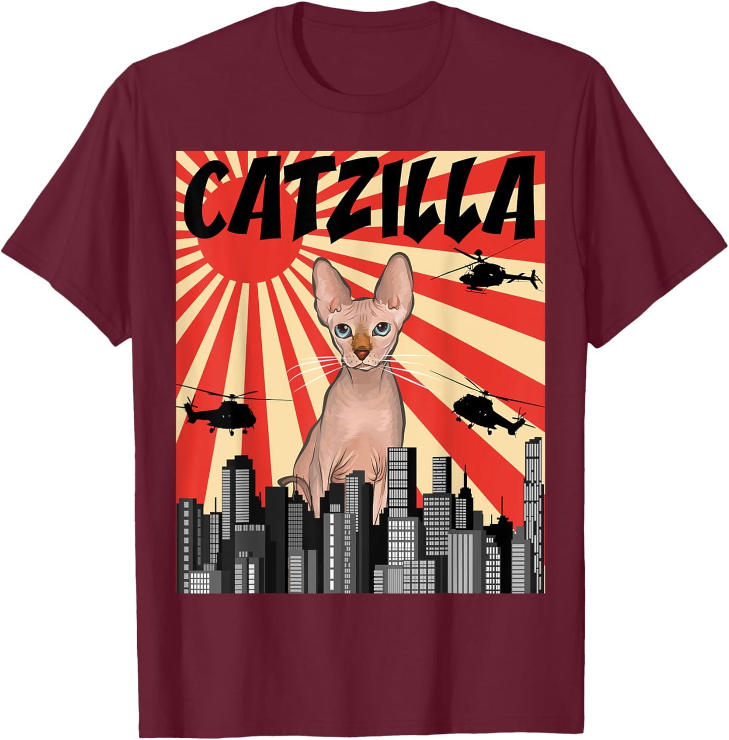 Funny Retro Japanese Catzilla Sphynx Cat T-Shirt - T-Shirt | Maroon