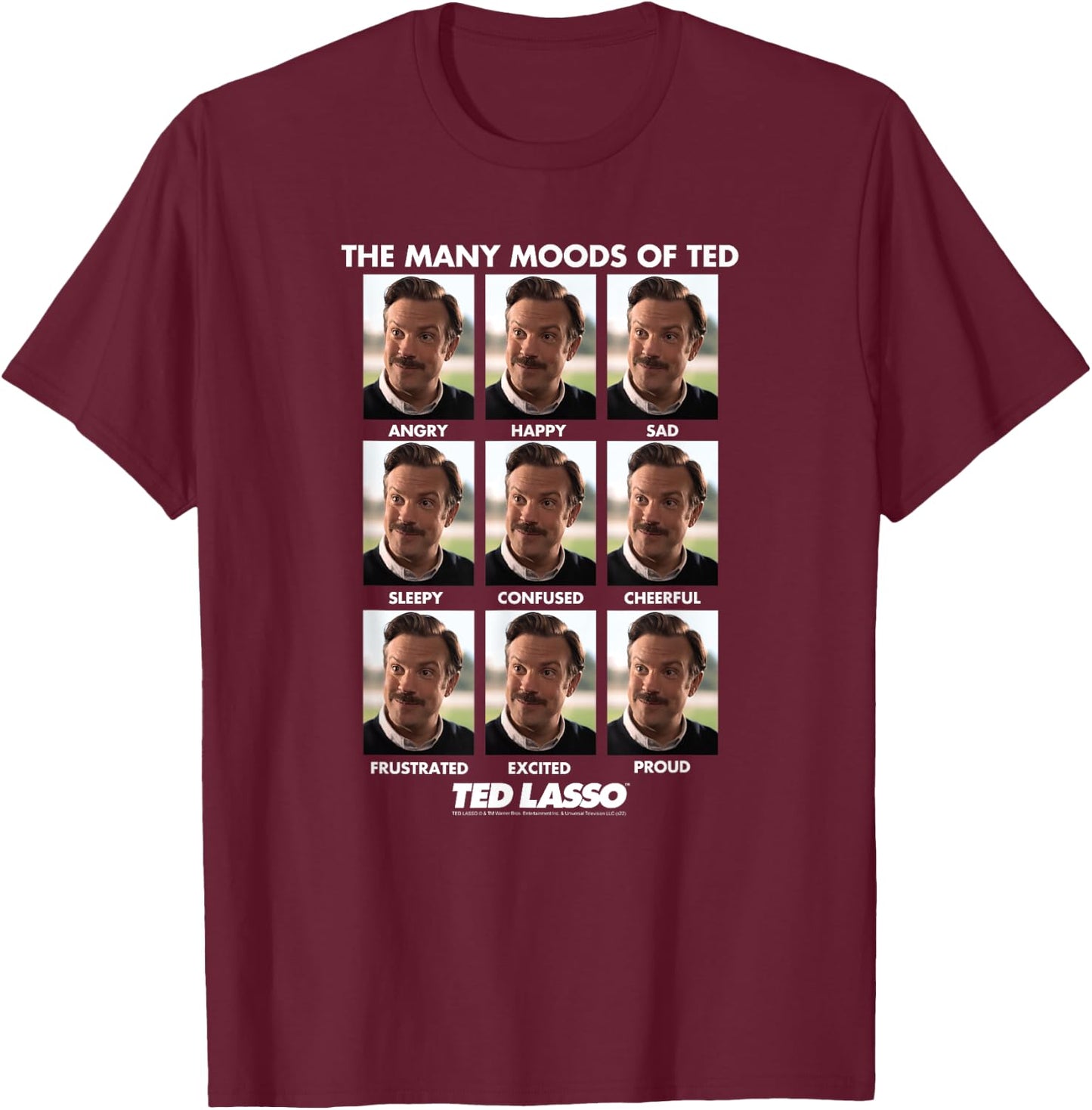 Blue Ted Lasso Football Shirt: Classic Fit Cotton with Moods of Ted Print T-Shirt - T-Shirt | Maroon