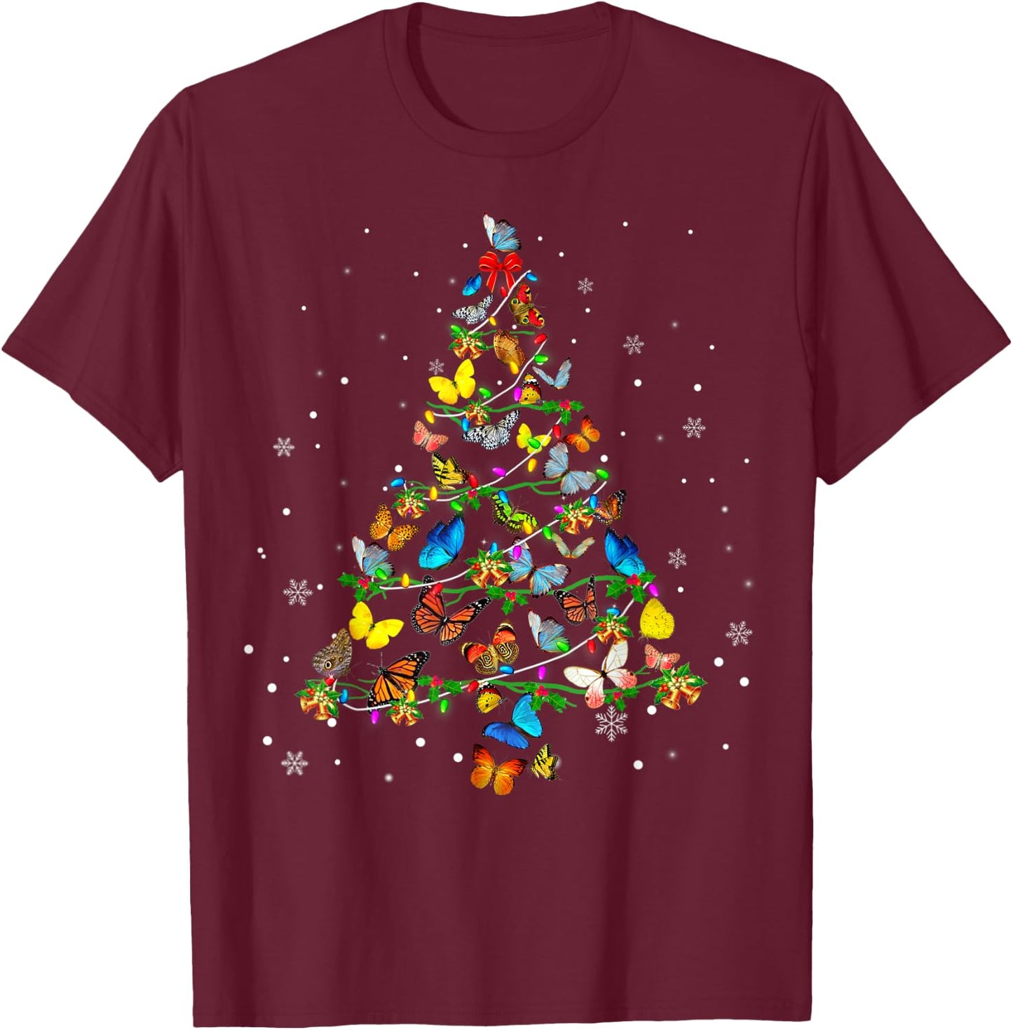Butterfly Christmas Tree Ornament Decor Xmas T-Shirt - T-Shirt | Maroon