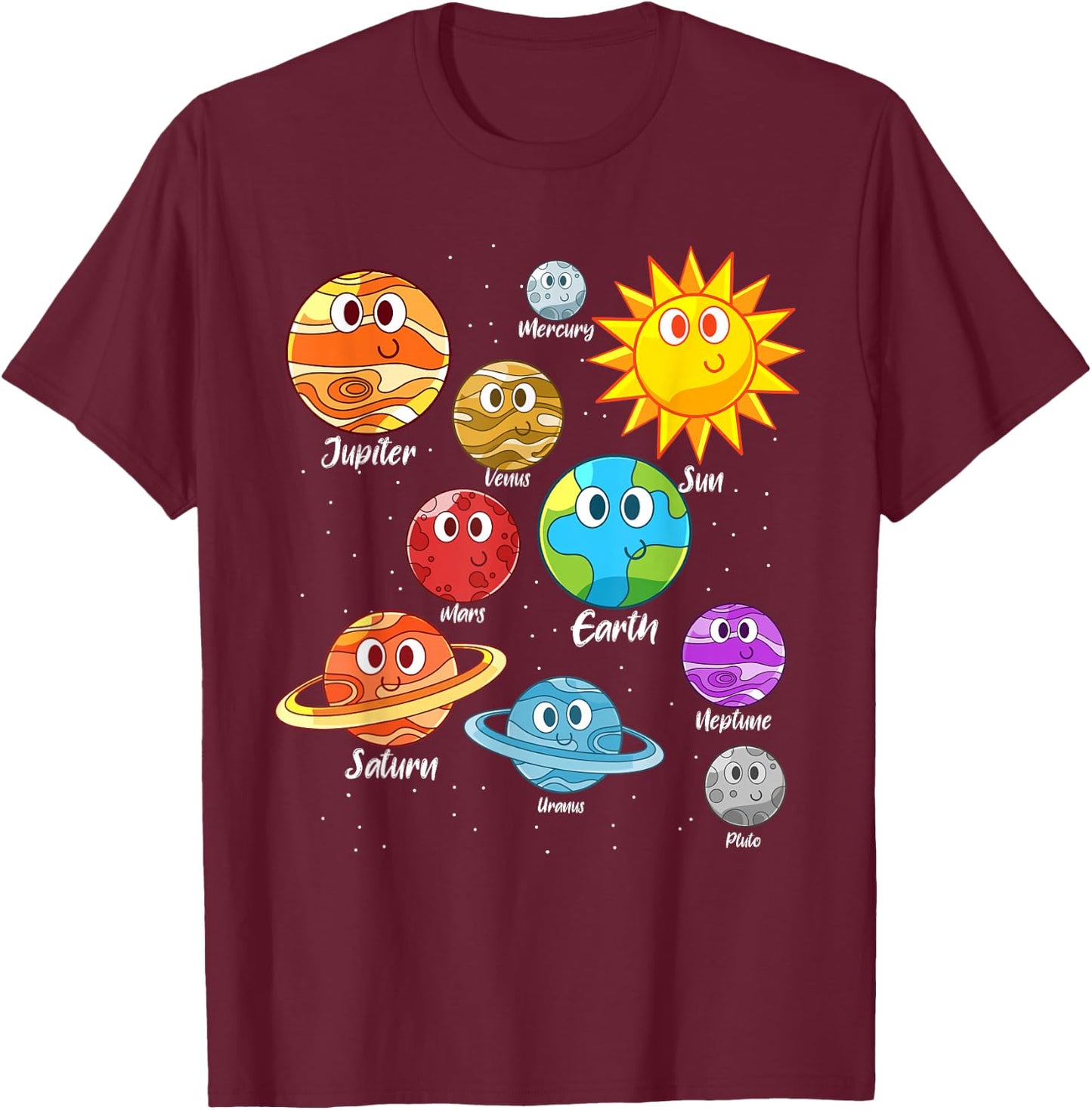 Earth Saturn Mars Jupiter Sun Moon Cute Planets Astronomy T-Shirt - T-Shirt | Maroon