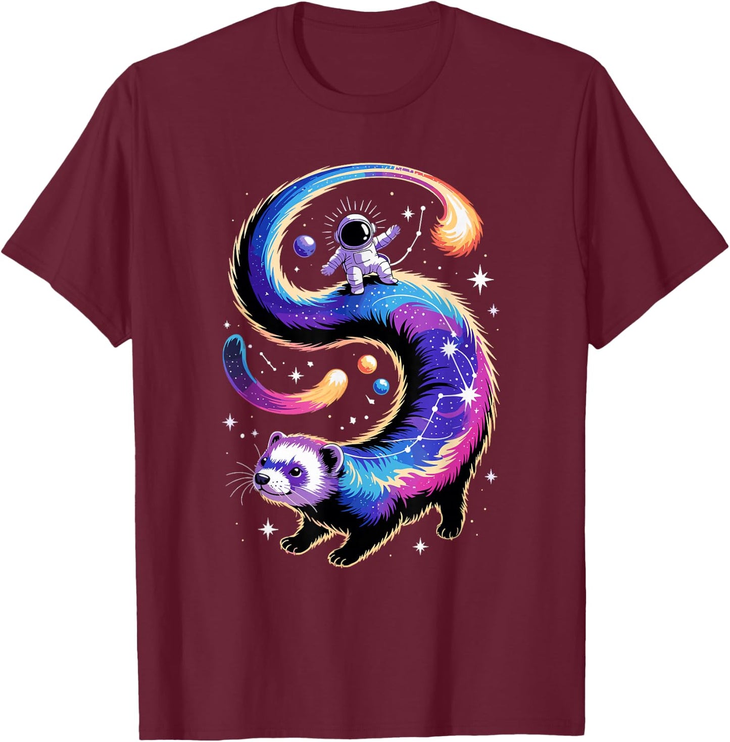 Astronaut Rides Ferret Space Stars Comets Galaxy Planets T-Shirt - T-Shirt | Maroon