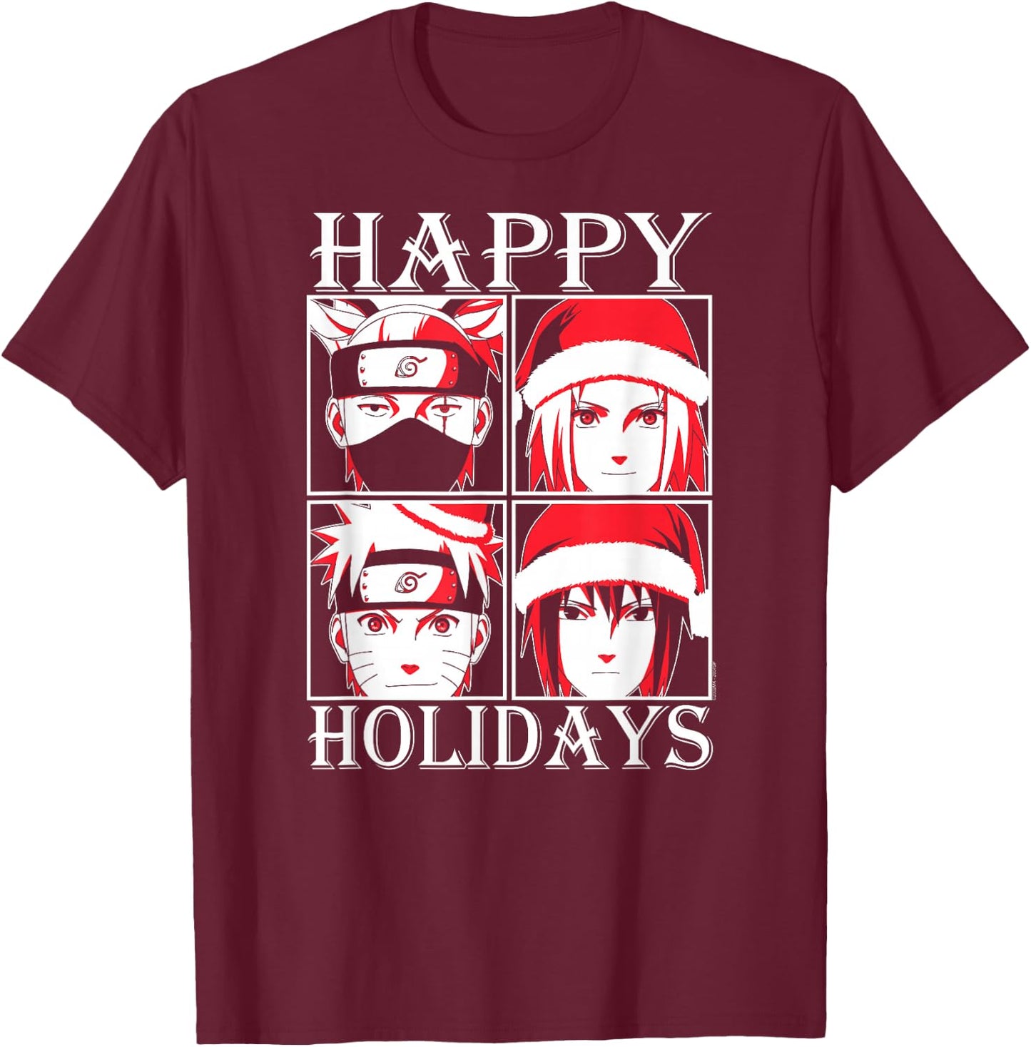 Naruto Shippuden Happy Holidays Characters Anime T-Shirt - T-Shirt | Maroon