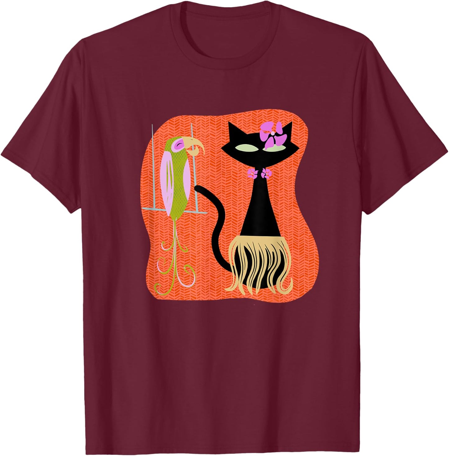 Hawaiian Hula Cat with Tropical Tiki Bird and Hibiscus Flowe T-Shirt - T-Shirt | Maroon