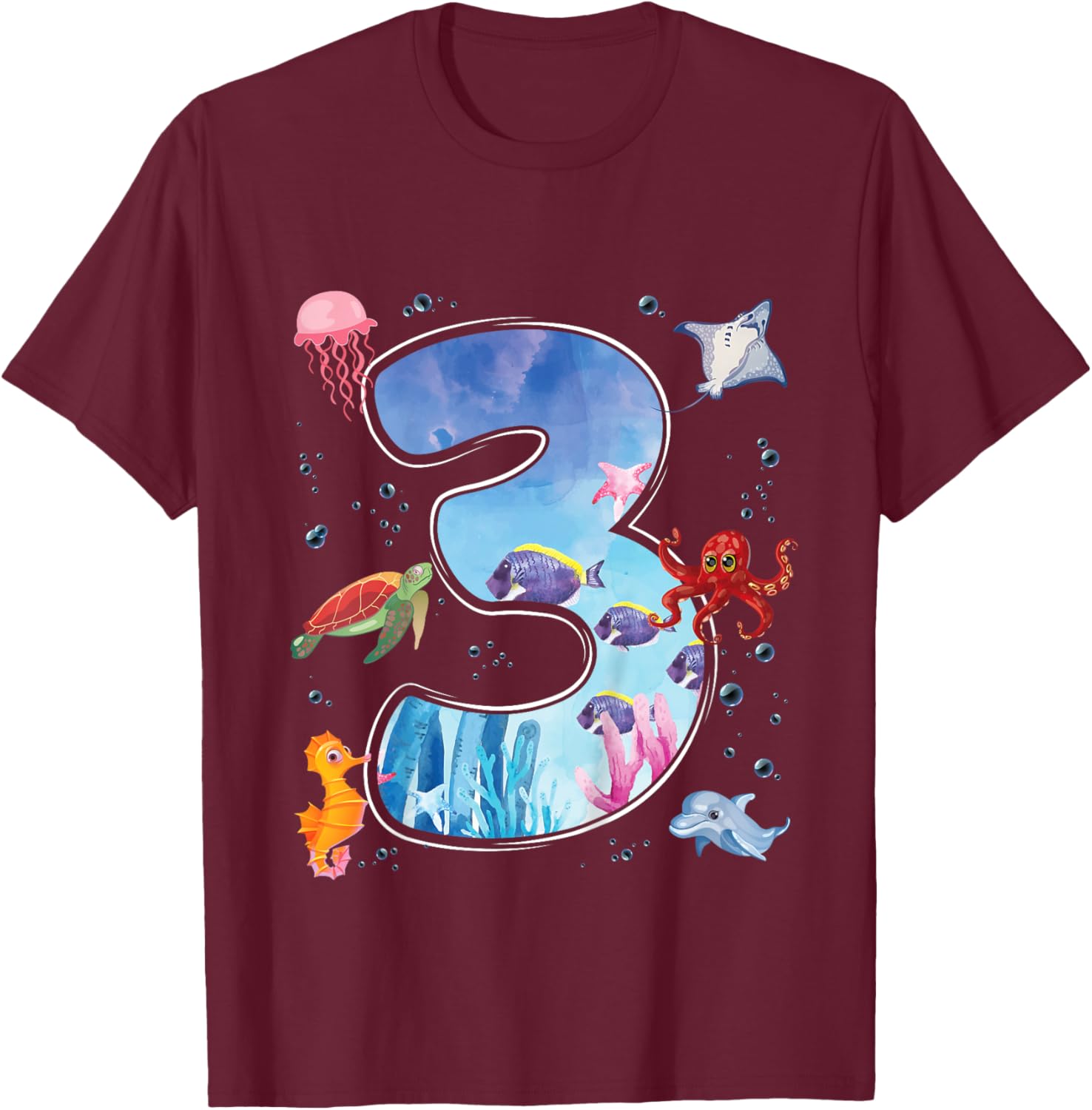 Kids 3rd Birthday Party Ocean 3 Year Old Sea Fish Aquarium Boy T-Shirt - T-Shirt | Maroon