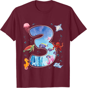 Kids 3rd Birthday Party Ocean 3 Year Old Sea Fish Aquarium Boy T-Shirt - T-Shirt | Maroon
