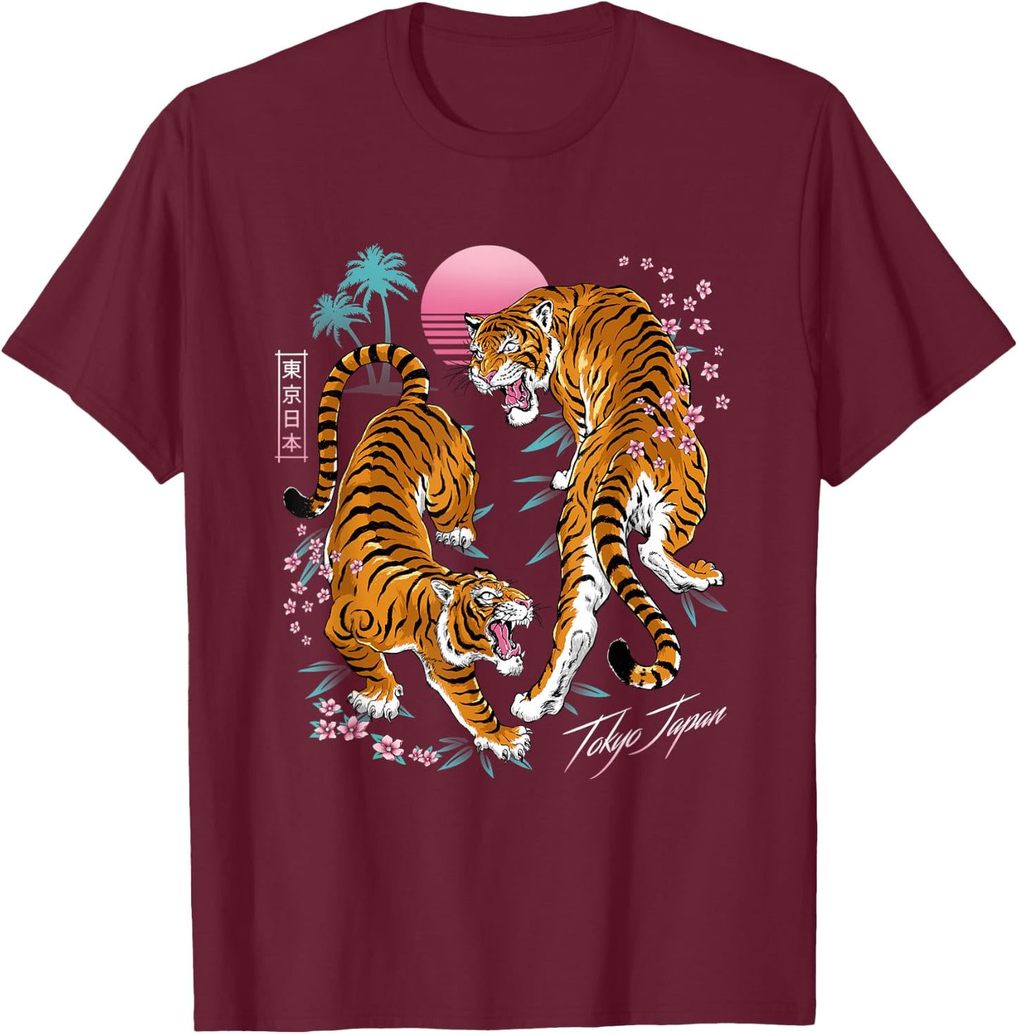 Pop Cult Women's Tokyo Dueling Asian Tigers Retro 80's Vaporwave - Black Tiger Print Short Sleeve - Small T-Shirt - T-Shirt | Maroon