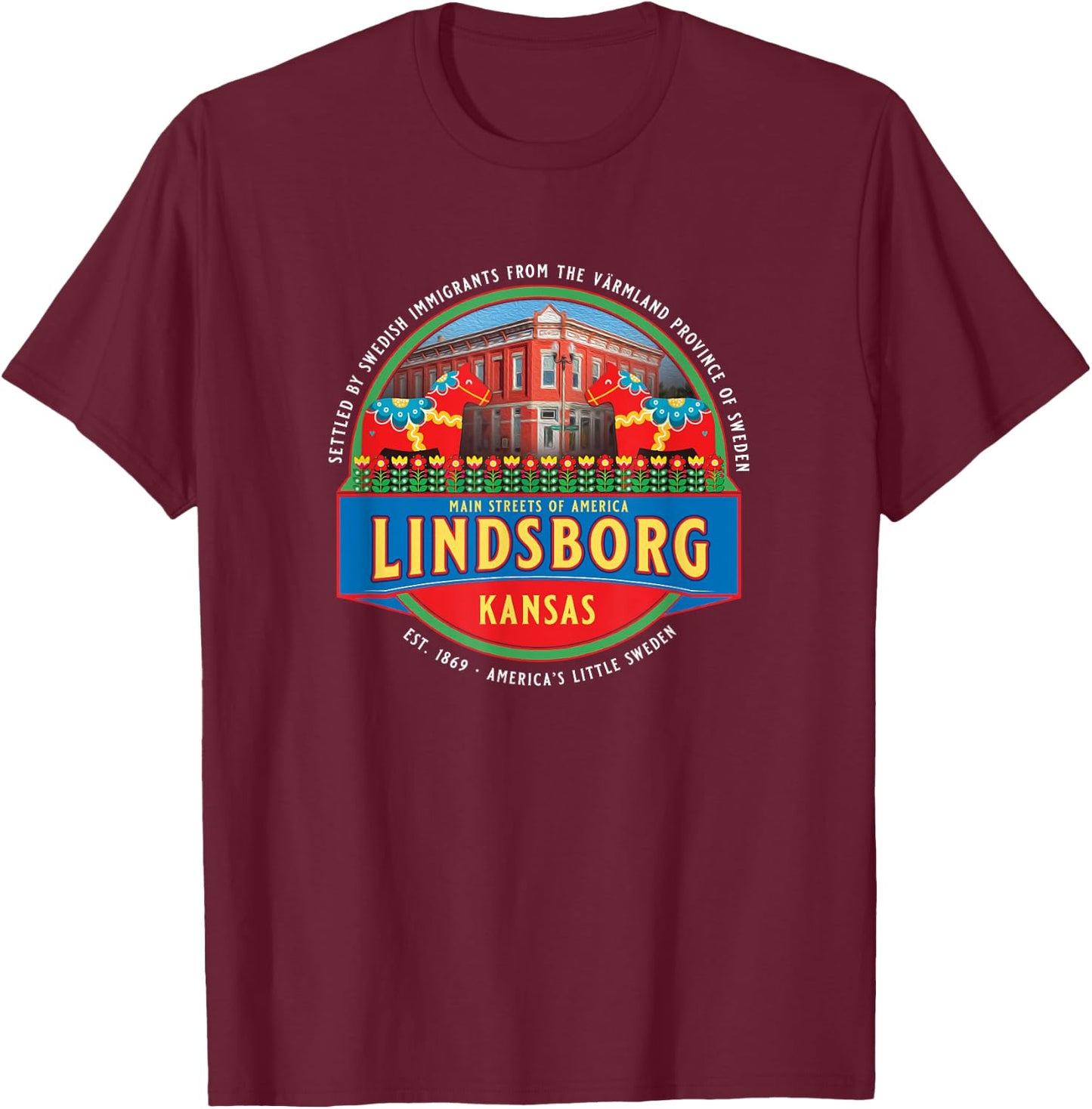 Lindsborg Kansas Little Sweden Swedish Dala Horse Souvenir T-Shirt - T-Shirt | Maroon