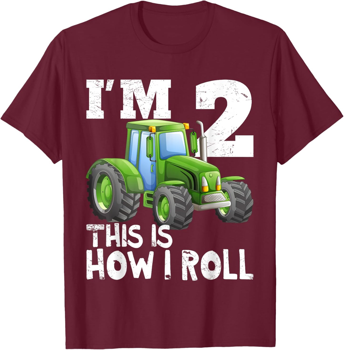 Green Farm Tractor 2nd Birthday Party Gift 2 Year Old T-Shirt - T-Shirt | Maroon