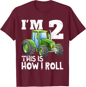Green Farm Tractor 2nd Birthday Party Gift 2 Year Old T-Shirt - T-Shirt | Maroon