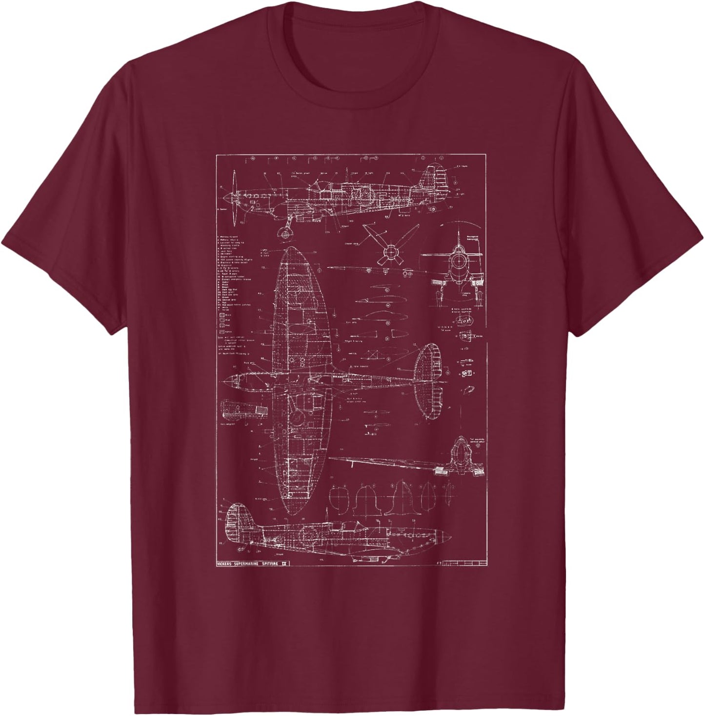 Spitfire IX WWII Blueprint Series Fighter Airplane T-Shirt - T-Shirt | Maroon
