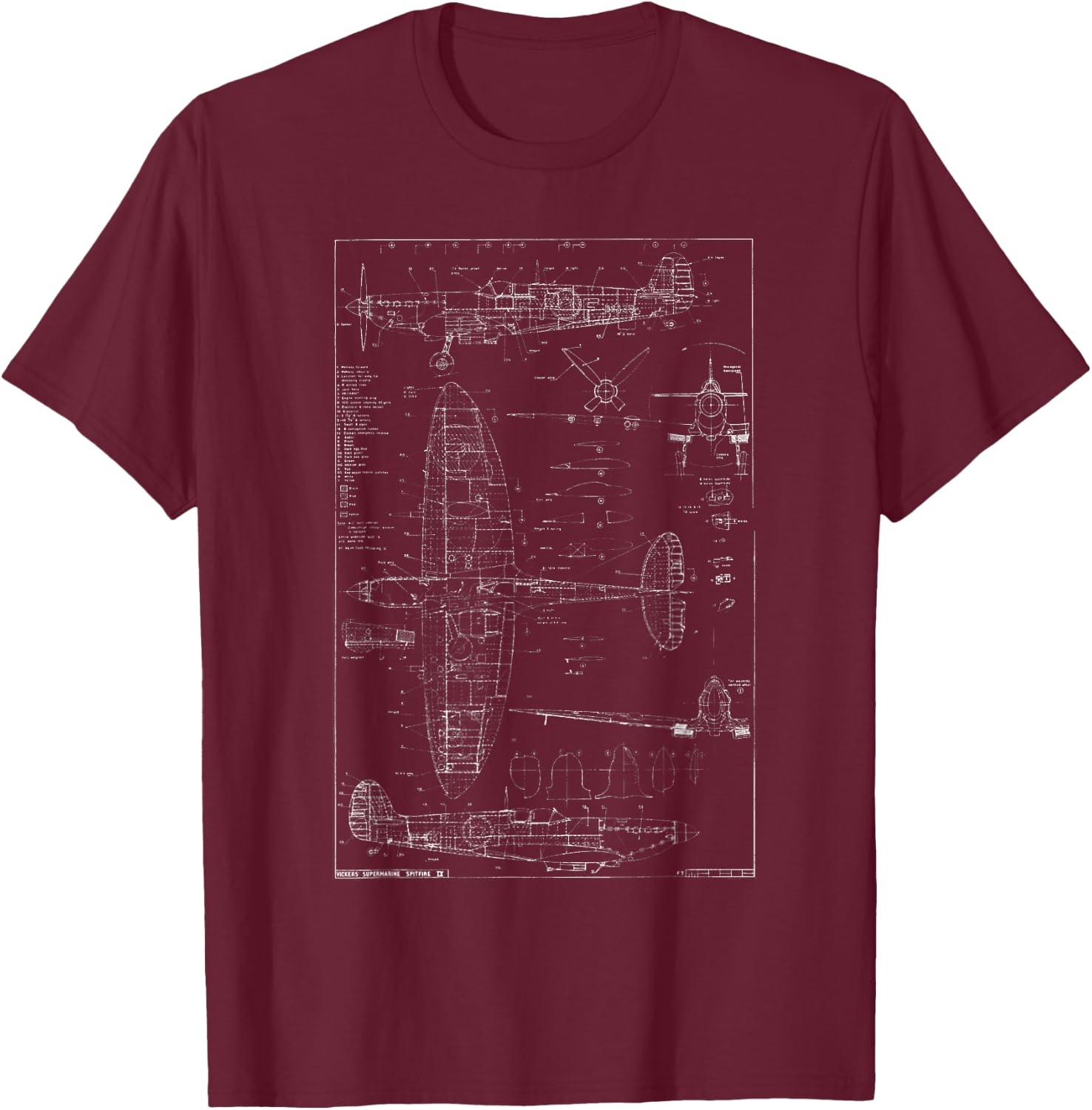 Spitfire IX WWII Blueprint Series Fighter Airplane T-Shirt - T-Shirt | Maroon