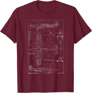 Spitfire IX WWII Blueprint Series Fighter Airplane T-Shirt - T-Shirt | Maroon
