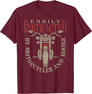 Classic Biker Distracted By Motorcycles And Boobs T-Shirt - T-Shirt | Maroon