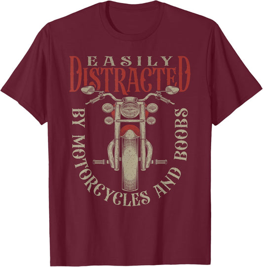 Classic Biker Distracted By Motorcycles And Boobs T-Shirt - T-Shirt | Maroon