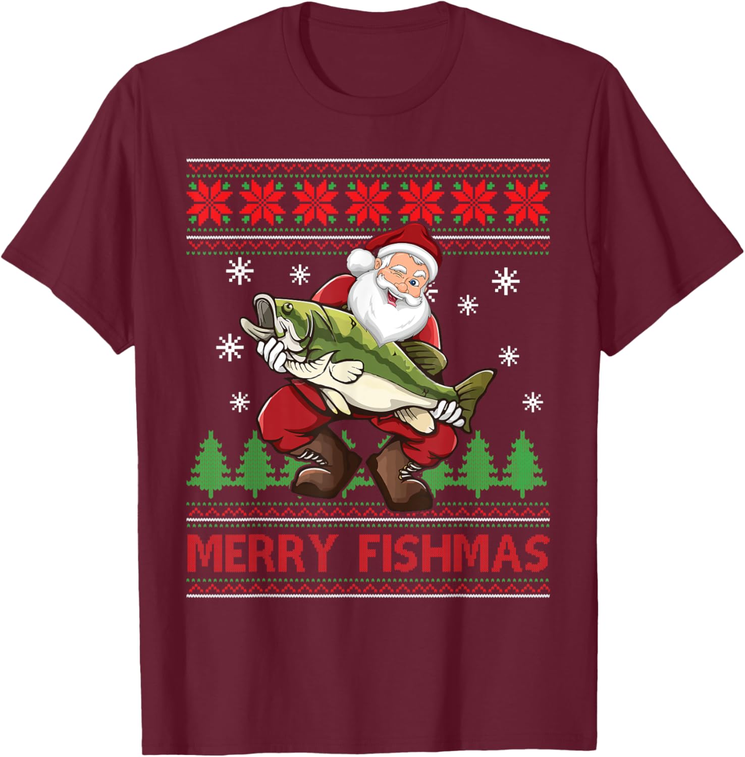 Merry Fishmas Santa Fishing Ugly Christmas Sweater Style T-Shirt - T-Shirt | Maroon