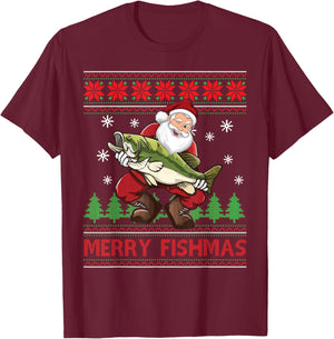 Merry Fishmas Santa Fishing Ugly Christmas Sweater Style T-Shirt - T-Shirt | Maroon