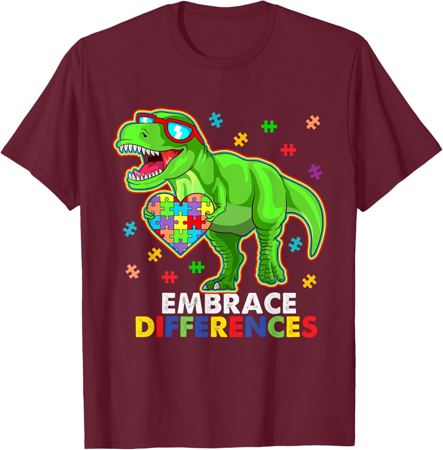 Embrace Differences- Autism Awareness Dinosaur Puzzle Piece T-Shirt - T-Shirt | Maroon