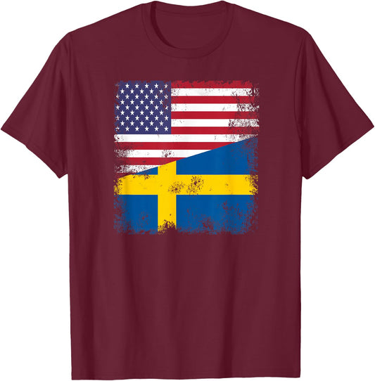 Half Swedish Flag | Vintage Sweden USA Gift T-Shirt - T-Shirt | Maroon