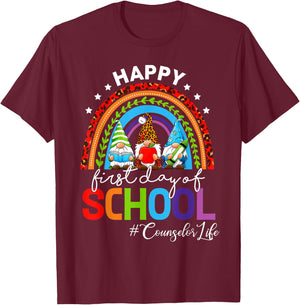 Happy First Day Of School Counselor Life Gnomies Rainbow T-Shirt - T-Shirt | Maroon
