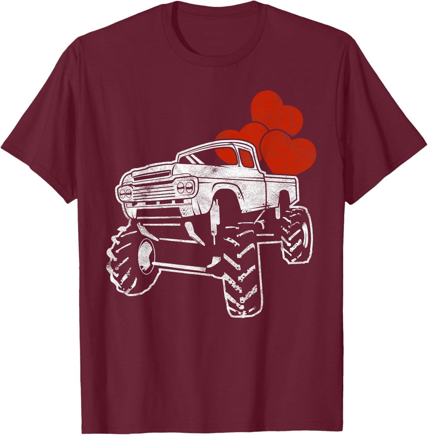 Monster Truck with Hearts Gift Boy Happy Valentine's Day T-Shirt - T-Shirt | Maroon