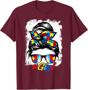 Messy Bun Bandana Gigi Ladies Girls Women Autism Awareness T-Shirt - T-Shirt | Maroon