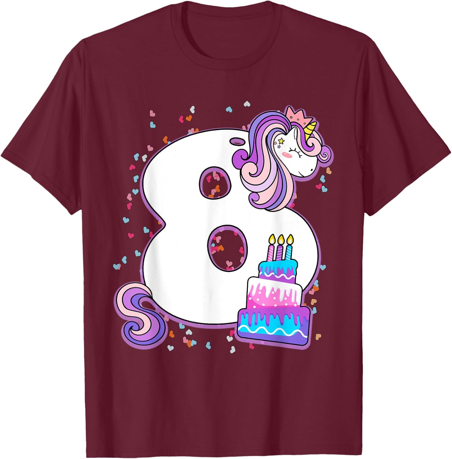 Unicorn 8th Birthday Shirt Girls 8 Year Old Eighth Birthday T-Shirt - T-Shirt | Maroon
