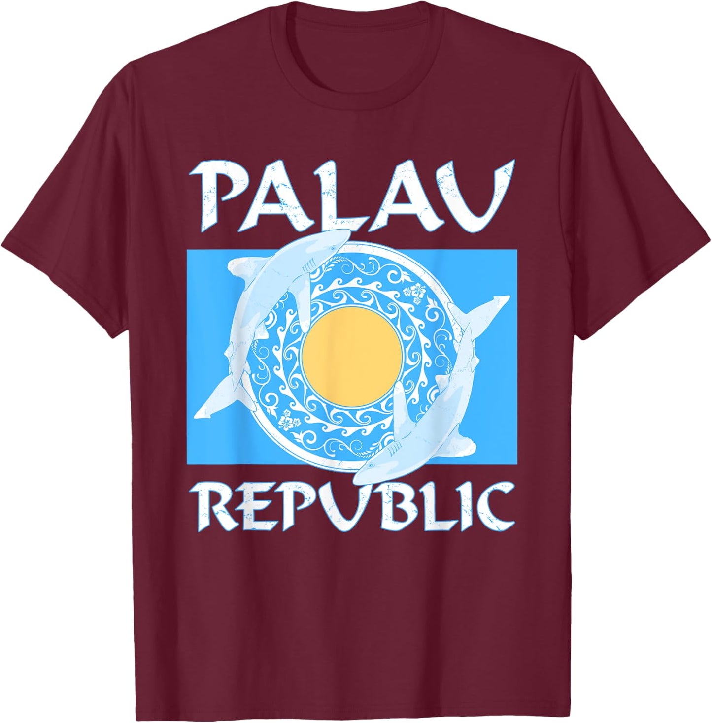 Oceanic Whitetip Sharks on Palauan Flag of Palau T-Shirt - T-Shirt | Maroon