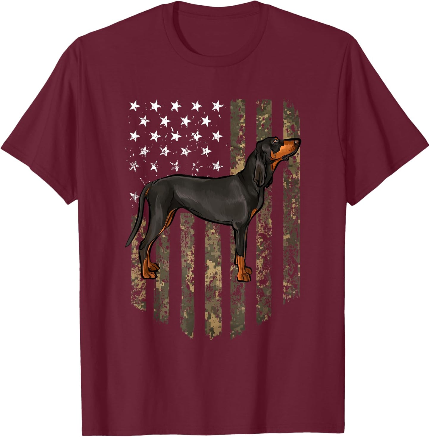 Camo American Flag Black and Tan Coonhound 4th Of July USA T-Shirt - T-Shirt | Maroon