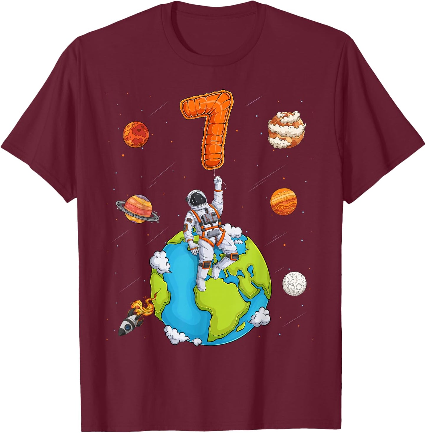 Astronaut Planets Space 7 Seven Years Old 7th Birthday Boys T-Shirt - T-Shirt | Maroon
