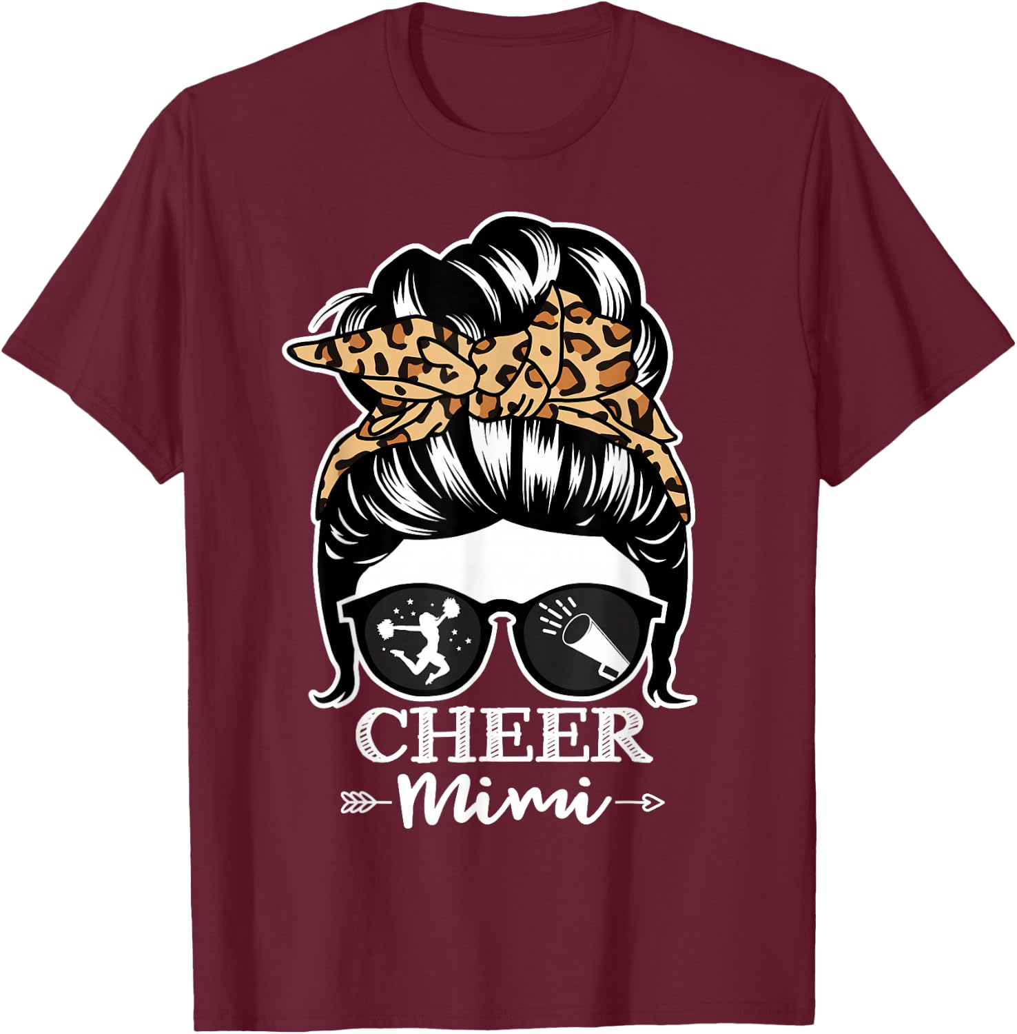 Cheer Mimi Messy Bun Hair Funny Cheerleader Mimi Leopard T-Shirt - T-Shirt | Maroon