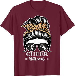 Cheer Mimi Messy Bun Hair Funny Cheerleader Mimi Leopard T-Shirt - T-Shirt | Maroon