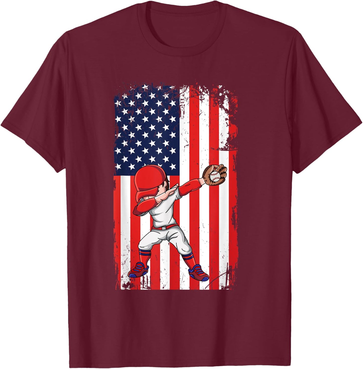 Baseballer Sports Athlete US Flag Dabbing Baseball Player T-Shirt - T-Shirt | Maroon