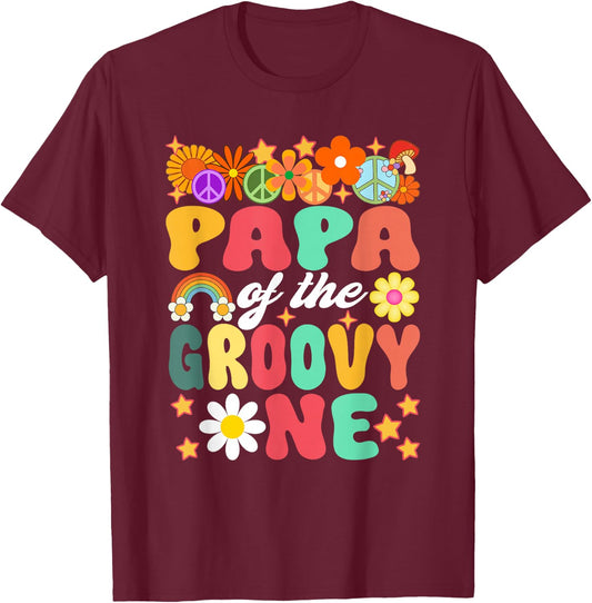 Retro Papa of Groovy One Matching Family 1st Birthday T-Shirt - T-Shirt | Maroon
